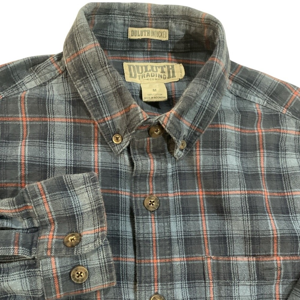 Duluth Trading Co Untucked Flannel Shirt Mens Medium Blue Orange Plaid Cotton